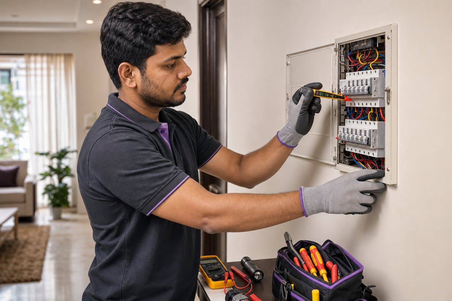 Electrician safely testing a residential switchboard in Bhopal
