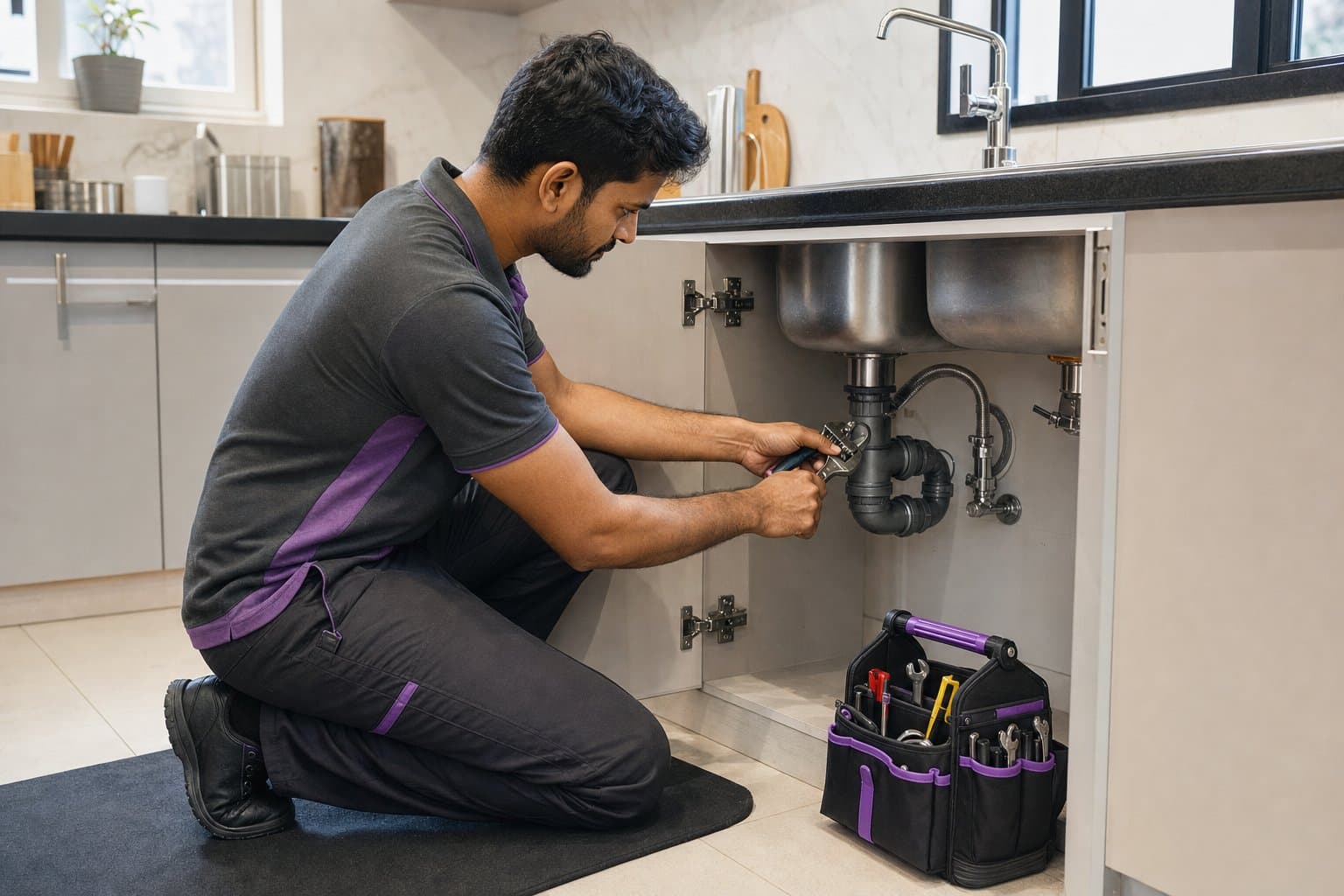 Professional plumber repairing a sink pipe in a Bhopal kitchen